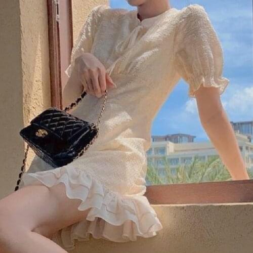 Women Sweet Elegant Korean Classy Dress Summer Vintage Beige Dress Young Girls High Waist Slimming Party Cheongsam Dress 2021