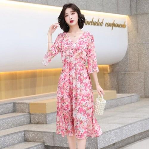 Women Dresses Summer 2021 Vestito Floreale Vestido Floral Short Sleeve Dress Boho Clothing Chiffon Elegant Midi Elbise Ruffle