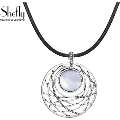 Women Vintage Natural Shell Round Pendant Necklace Black PU Leather Chain Geometric Jewelry For Women Dropshipping Gift