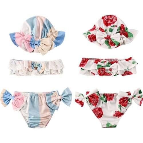 2020 Toddler Baby Girls Floral Clothing Set Summer 3pcs Set Printing Swimsuit Swimwear Bathing Suit Bikini 3Pcs Set