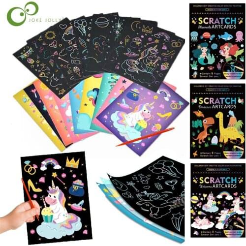9Pcs/Set Colorful Magic Dinosaur Unicorn Rainbow Cartoon Scratch Art Painting Paper Card Kit Drawing Stick Kids Drawing Toys YJN