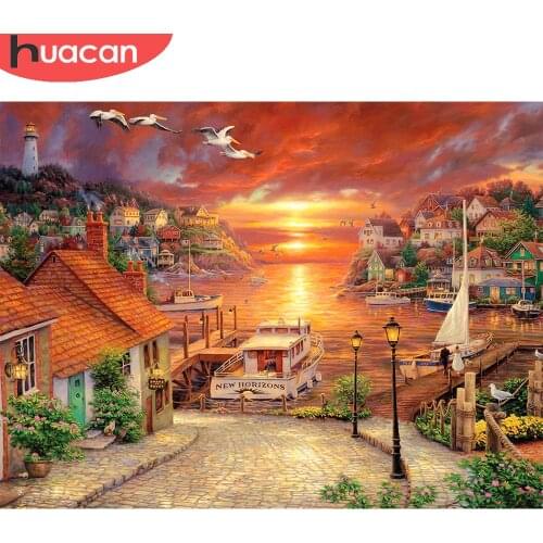HUACAN Full Drill Diamond Painting Sunset Landscape Diamond Mosaic Coast Cross Stitch Rhinestones Picture Handcraft