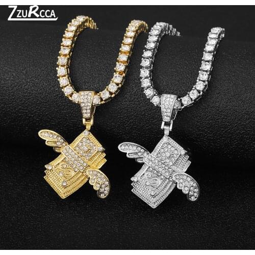 Hip Hop Flying Dollar Pendant Necklace Bling Bling Rhinestone Gold Link Chain Necklace for Women Men naszyjnik colar masculino