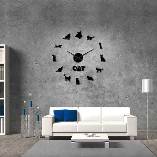 Domestic Short-haired Cat Abyssinian Cat Frameless DIY Large Mute Wall Clock 3D Wall Stickers Ethiopia Cat Living Room Decor