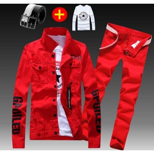 Mens Slim Fit Denim Jacket Pants 2pcs Set Long Sleeve Coats Letters Printed Casual Large Size Black White Red Boys Trousers