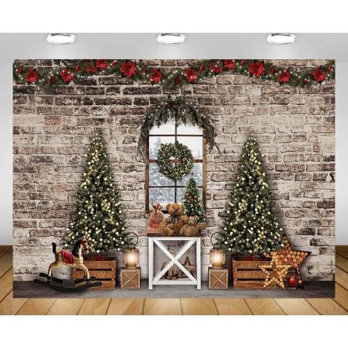 Mehofond Christmas Tree Backdrop Rural Brick Wall Window Snow Baby Portrait Photography Background for Photo Studio Photophone