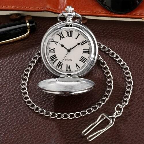 Classic Black Roman Numerals Dial Silver Smooth Cover Quartz Pocket Watch Retro Timepiece Gifts Male