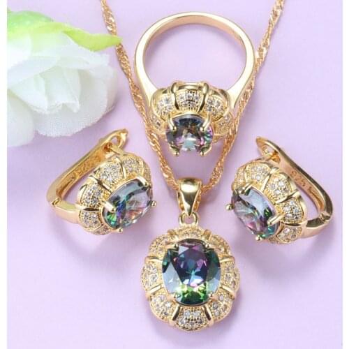 Dubai Luxury Necklace Set African Gold Color Wedding Bridal Accessories Rainbow Zircon Clip Earrings And Pendant Women Sets