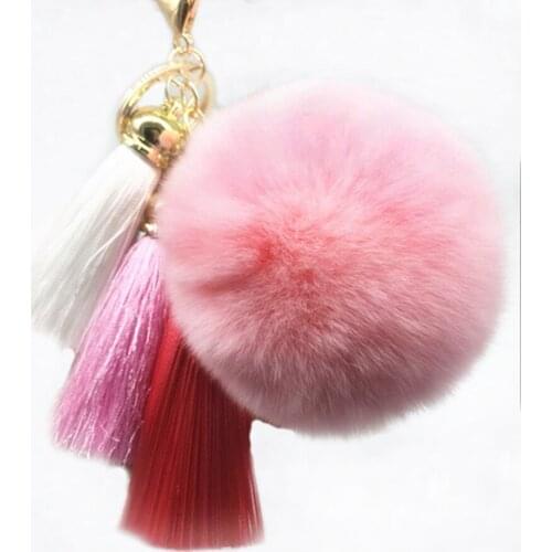 Beautiful 8cm Rabbit Fur Ball Plush Keychain pompom Tassel Car Key Chain Ring Holder Charm Women Bag Keyring Jewelry Gift R206