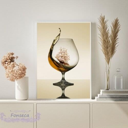 Creative Modern Wine Cup Sailing Poster Hallway Decorative Canvas Painting Frameless Pictures for Bedroom Living Room