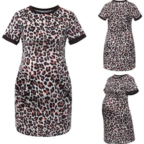 Leopard Print Summer Maternity Dresses O-neck Pregnancy Clothing Pocket Short Sleeve Pregnant Dress Vestidos De Mujer Casual