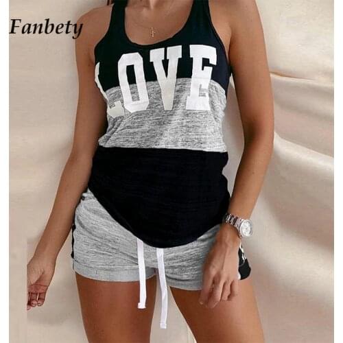 Summer Casual Loose Two Pice Set Homewear Women New Fashion Patchwork Letter Print Sleeveless Top And Short Suit Streetwear Set