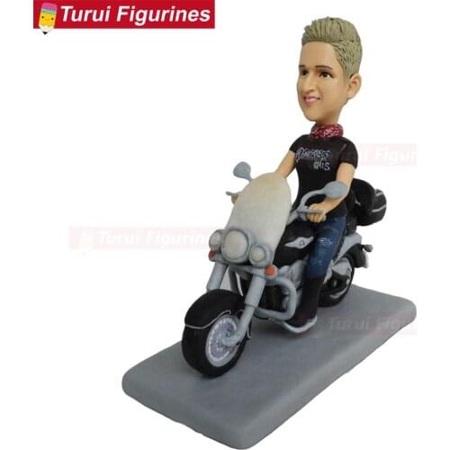 Boy with motorcycle riding motorbike bobblehead dolls personalized sculpture handmade