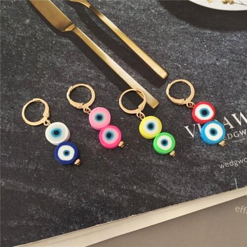 Trendy Colorful Polymer Clay Green Yellow Pink White Blue Eye Spot In Center Round Strand Hoop Earrings For Women Cute Jewelry