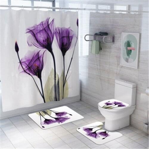 Bathroom Mat Set Non-slip Purple Lotus Bath Mat Coral Fleece Shower Curtain Floor Mat Washable Bathroom Toilet Rug