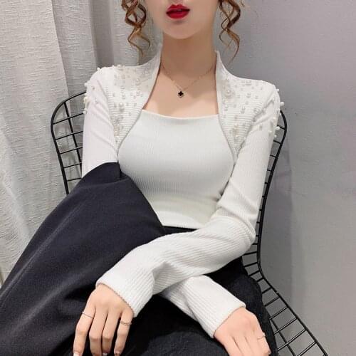 2021 Autumn winter thick knitted sweater women tops korean fashion pearls beading long sleeve pullover bottoming shirt top femme