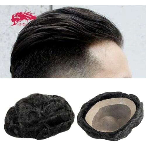 Ali Queen Hair Mono and NPU Hair Replacement Systems Handmade Wig Indian Remy Hair Toupee For Men Mens Wave Hair Piece Wig