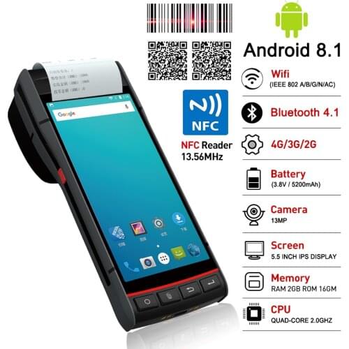 Wireless POS Handheld PDA 1D 2D Barcode Scanner Android 8.1 Portable Thermal Scanning WiFi 4G Bluetooth GPS Thermal Printer
