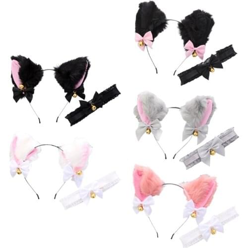 Cat Ears Headband Plush Ears Headpiece Lace Choker Necklace for Festival Cosplay Party Necklace Hairhoop Accessories