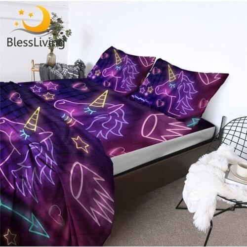 BlessLiving Purple Unicorn Fitted Sheet Queen Luminous Bed Sheet Set Colorful Rainbow Flat Sheet Set Neon Light 4-Piece Bedding