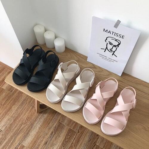 Comfortable large size womens shoes summer new wild pure color simple flat sandals Roman jelly beach shoes