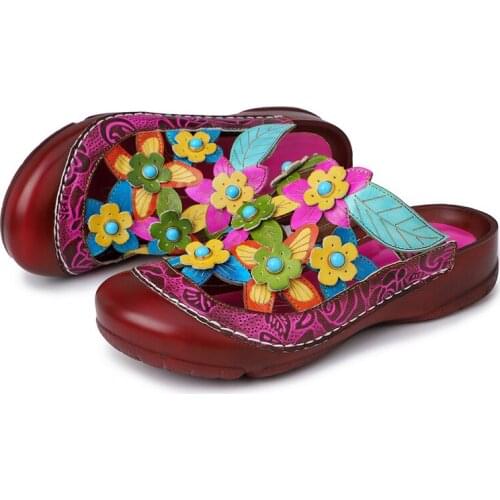 Bohemia Genuine Leather Splicing Hand Painted Floral Adjustable Hook Loop Soft Woman Slippers Women Shoes 3CM Colorblock Flowers