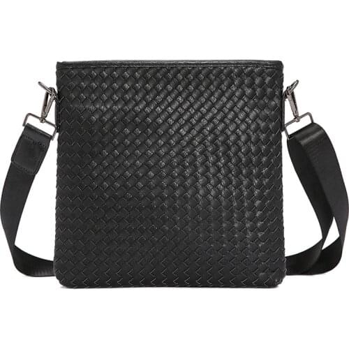 Mens Leather Vertical Shoulder Bags PU Leather Woven Fashion Luxury Design Solid Black Male Crossbody Messenger Bag for Man