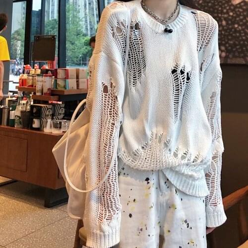 Loose Casual O Neck Full Plus Size White Hole Sweaters Women Pullovers Tops Pull Black Hollow Out Irregular Knitted Shirts Wild