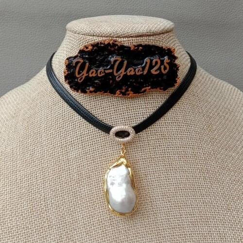 YYGEM 12" New Design Black Velvet Ribbon Choker Necklace necklace 19x35mm cultured white keshi pearl pendant For Women