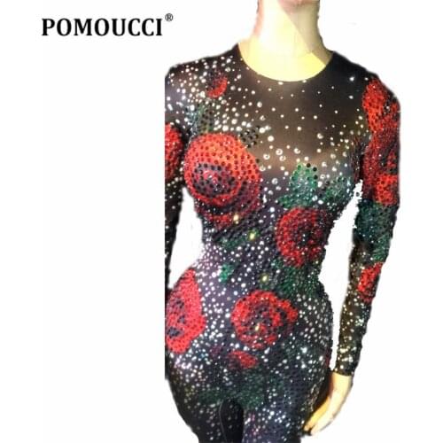 Women New Sexy Black Jumpsuit Full Of Colorful Sparkling Crystals Bodysuit 3D Printed Roses Nightclub Party Dancer Stage Wear