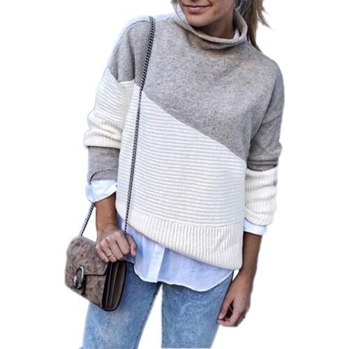 2019 Autumn and Winter Women Elegant Irregular Long Sleeves Curled Half Turtleneck Patchwork Color Pullover Sweater