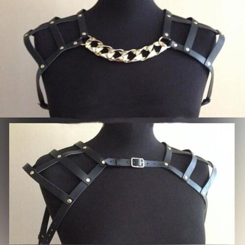 100% Handmade Punk Pastel Goth Gothic Real Leather WomeHarness with Metal Chain Link Body Shoulder Cage Suspender Straps