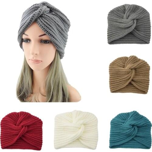 New Knot Bandanas Turban 2021 Autumn Winter Warm Knitting Turban Cap Solid Center Cross Women Hair Scarfs Muslim Hat Bucket Hat