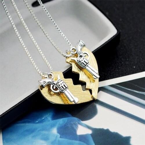 2 Pcs/set of New Revolver Pattern Heart-Shaped Pendant Necklace Couple Pendant Necklaces Gifts Neck Chains Accessories Jewelry