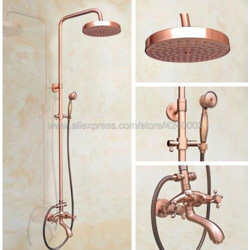 Antique Red Copper Shower Faucet Set Bath Tub Shower Mixers with Handshower 8" Rain Showerhead Krg502