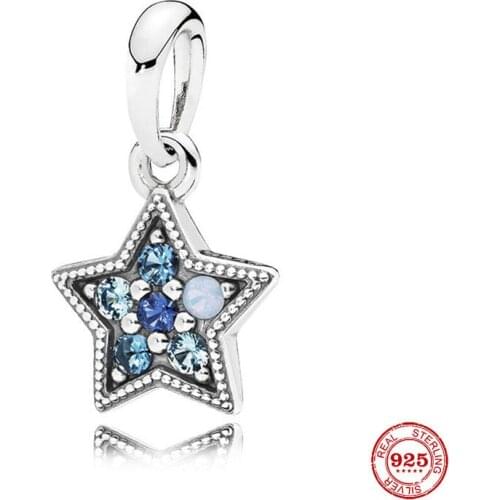 New 925 Sterling Silver Blue CZ Bright Star Dangle Charm Beads Fit Original Pandora Bracelet Necklace Silver 925 Jewelry