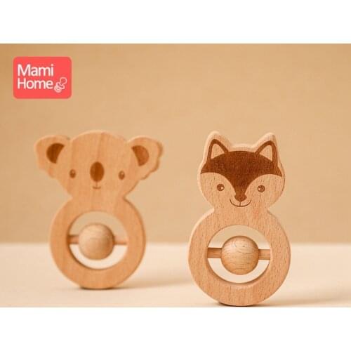 Natural Keepsake Wooden Molar Rattles Teether Gifts Fox Bear Shape Grasping Shower Organic Montessori Styled Baby Wood Toys