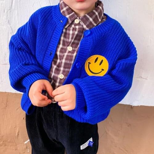 2021 New 1-7 Year Children Sweater Cute Smiley Print Knit Cardigan Boys And Girls Cartoon Coat Cotton Long Sleeve Kids Jacket