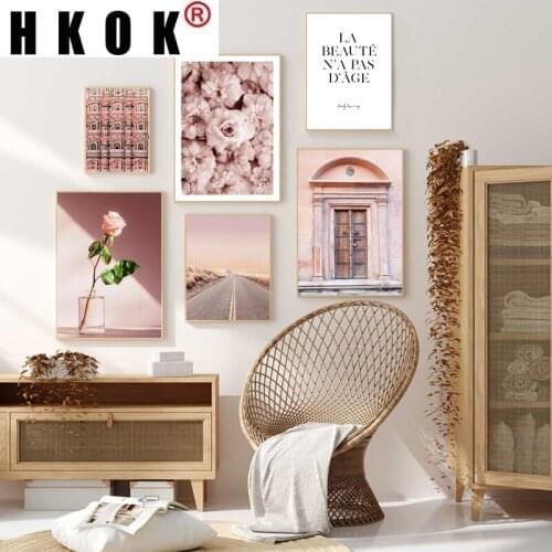 HKOK Canvas Painting Pink Door Balcony Flower Poster Nordic Photography Print Landscape Trendy Artwork Picture Modern Home Decor