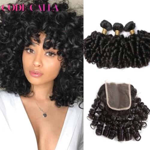 Code Calla Hair Bouncy Curly Human Hair 3 Bundles With 4x4 Closure Free Part Brazilian Hair Weave 3 Bundles Remy Hair Extension