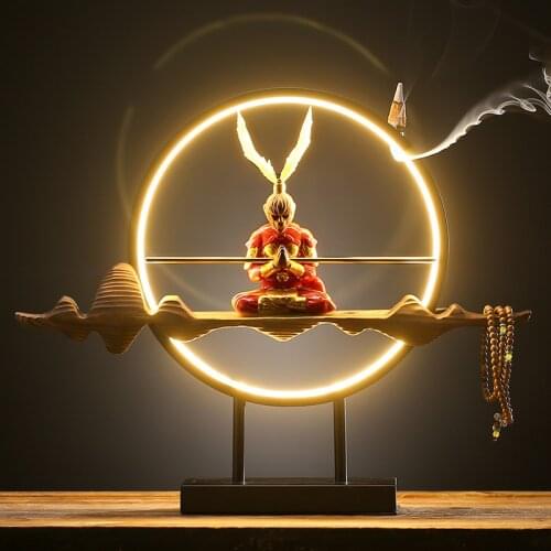 50Cones Chinese Style Zen Peaceful Waterfall Mountain The Monkey King Backflow Incense Burner Led Incense Diffuser Home Decor