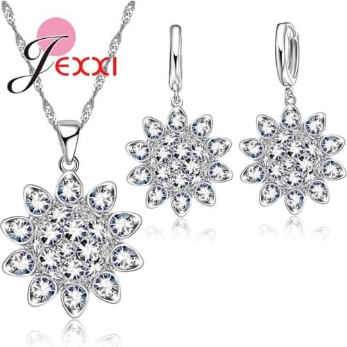 Hot Sale Jewelry Sets White Crystal Flower Silver Jewelry For Women Necklace Pendant Earrings Set Birthday Gifts