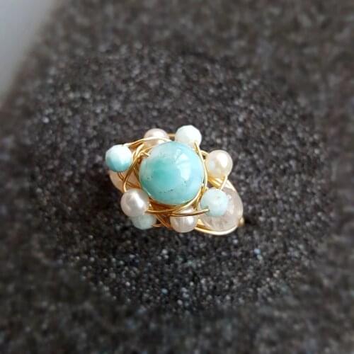 Lii Ji Genuine Larimar Freshwater Pearl Moonstone GF Handmade Unique Ring For Women Jewelry
