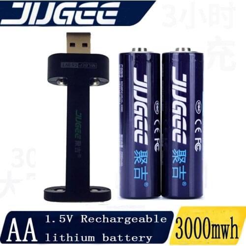 Jugee 2pcs 1.5v 2000mah lithium AA usb rechargeable 3000mWh Li-polymer li-ion polymer lithium battery +1 USB Charger