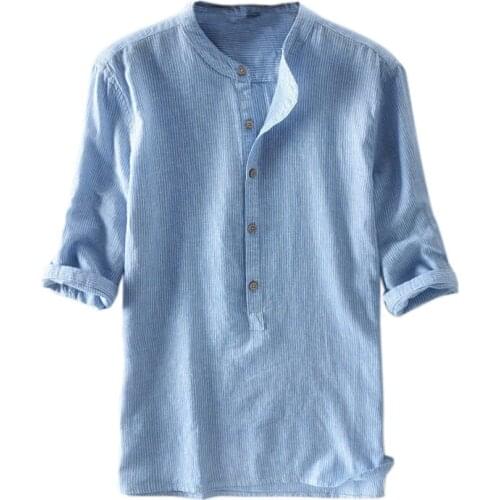 Mens Shirt Striped Cotton Breathable Half Sleeve 2020 Stand Collar Harajuku Vintage Brand Shirts Male Chemise Summer Streetwear