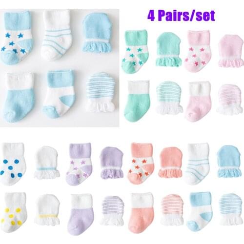 4 Pairs Baby Mittens Socks Set Newborn Anti-scratch Breathable Gloves Hand Protection Mitten Stocking Kit For 0-6 Months Baby