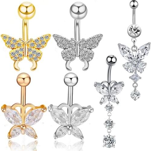 1Pc Surgical Steel Belly Button Rings Cubic Zirconia Butterfly Navel Curved Barbell Studs Sexy Body Piercing Jewelry For Women