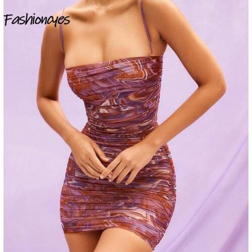 Summer Print Mini Dress Sexy Bodycon Ruched Spaghetti Strap Party Dresses For Women 2021 Vacation Casual Vestidos Fashioncyes