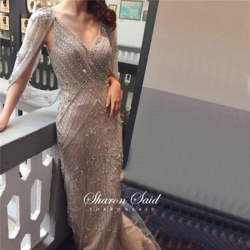 Arabic Silver Nude Mermaid Luxury Dubai Evening Dress with Cape Sleeve V-Neck Prom Formal Dresses for Women Wedding Party Gowms