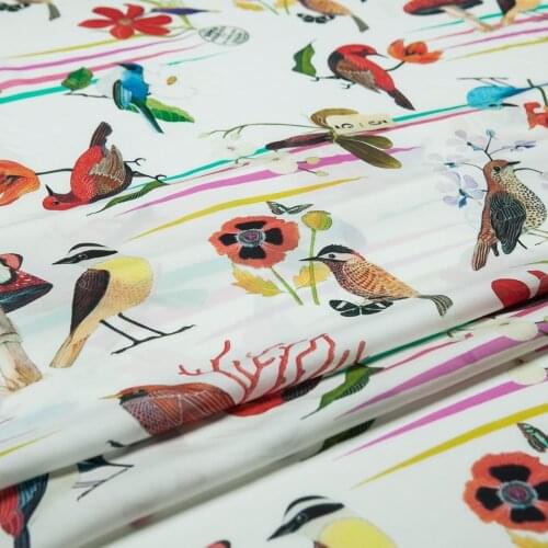 Retro birds&floral print pure mulberry silk double Georgette fabric,butterfly,sewing for dress,skirt,blouse,craft by the yard